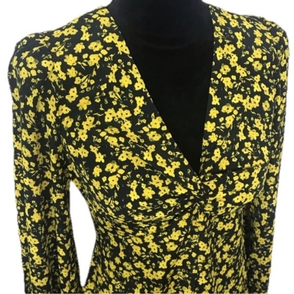 Topshop Dresses & Skirts - NWT Topshop Floral Godet Twist Back Long Sleeve Midi Dress Yellow Black Size 6